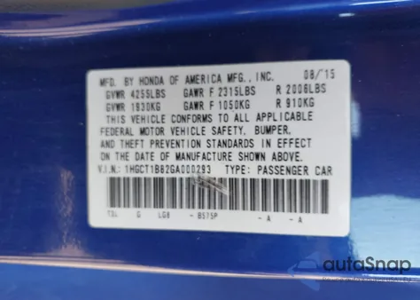 2016 Honda Accord Ex-L from USA, damaged, VIN 1HGCT1B82GA000293